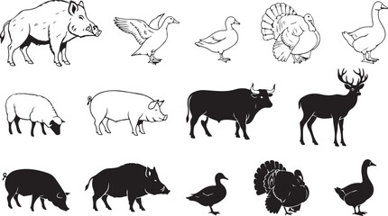 Naklejka premium Diverse collection of farm and wild animals in black and white outlines and silhouettes