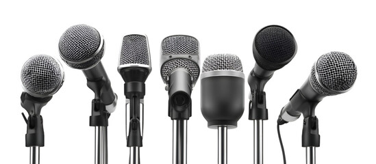 Row of Various Black and Silver Microphones on Stands Studio Equipment.
