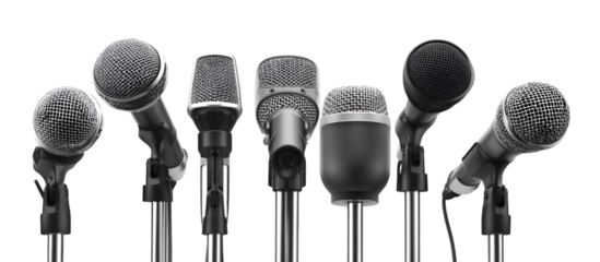 Row of Various Black and Silver Microphones on Stands Studio Equipment.