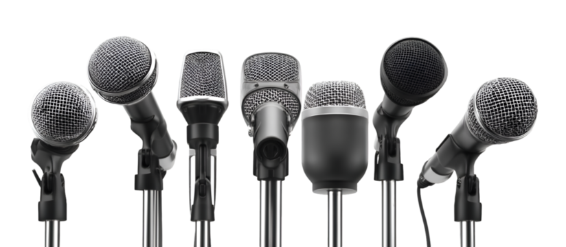 Row of Various Black and Silver Microphones on Stands Studio Equipment.