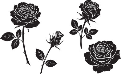Four black silhouette illustrations of roses with leaves in different stages of bloom