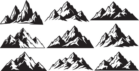 Fototapeta premium Set of Stylized Black and White Mountain Peaks and Ranges silhouette