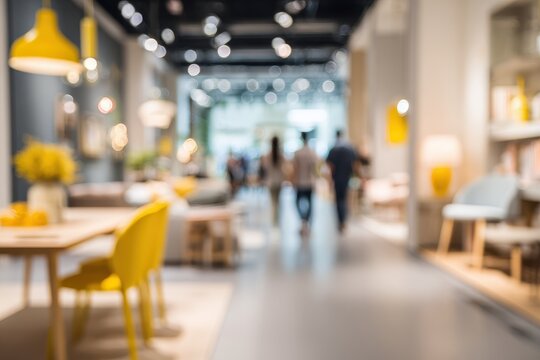 Blurry interior of a furniture store with people browsing