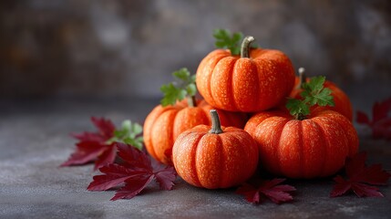 Stack of vivid orange pumpkins with red leaves. Autumn harvest for Thanksgiving. Fall decorations and festive holiday season.