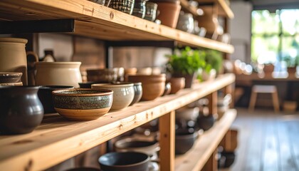 Wooden shelves display various pottery, showcasing diverse shapes, sizes, and earthy tones