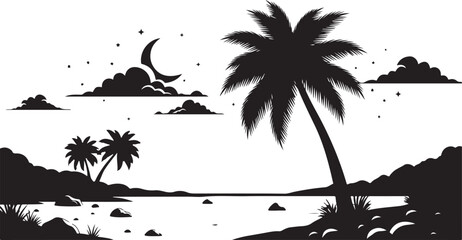 Tropical Beach Scene Silhouette with Palm Trees Moon Clouds and Water at Night landscape