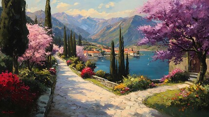 Digital Art of Italian Garden with Lake, Stone Path, and Mountain View

