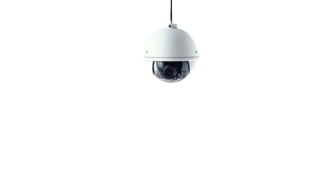 A surveillance camera hanging directly in a modern interior space for security monitoring isolated on white background - Powered by Adobe