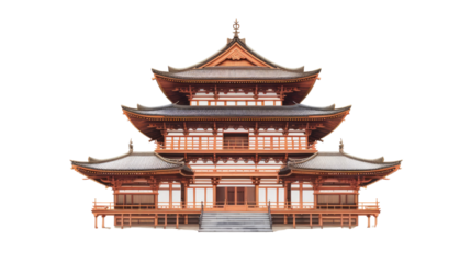 A symmetrical view of a traditional Japanese pagoda with layered rooftops and cultural architecture isolated on white background