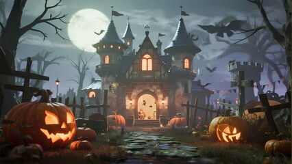 Trick-or-Treat Cartoon Landscape with Witch and Monsters

