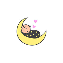 Little Beautiful Baby Sleeping on The Moon Vector Design Illustration.