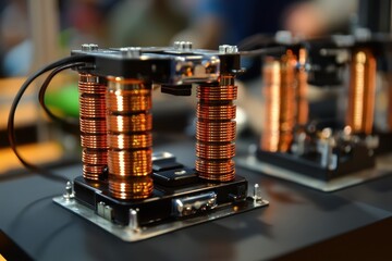 Shiny copper coils are stacked on a circuit board. Use for illustrating technology, engineering, or science concepts.