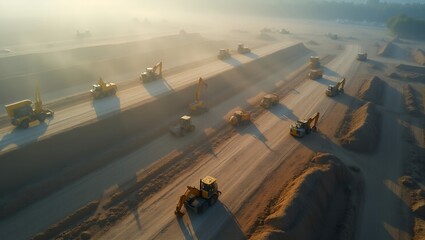 Aerial Drone View of Large-Scale Construction Site with Excavators, Bulldozers, Cement Mixers, and Foundation Grid Layout