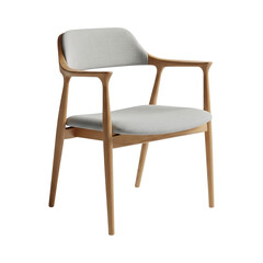 Elegant Chai armchair with a light wood frame and grey upholstery. A minimalist piece of furniture for modern interior design, isolated on white.