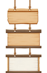 Fototapeta premium ThreeTiered Hanging Wooden Signage with Ropes and Varied Wood Tones.