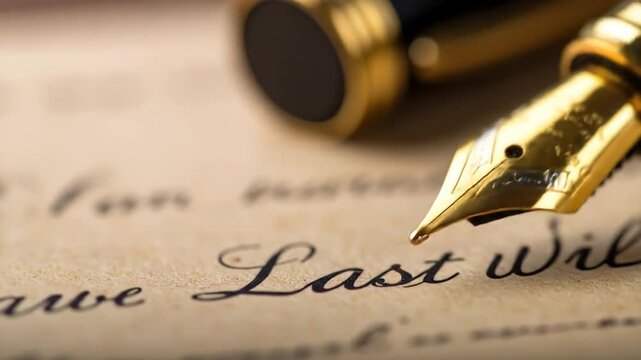 Close-up of a gold nib fountain pen on aged paper with the words "Last Will