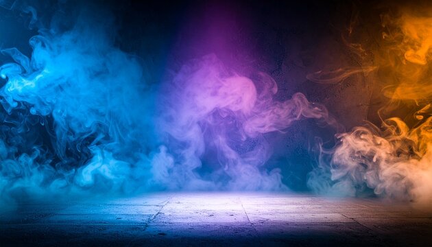 Vibrant blue, purple, and orange smoke billows across a dark concrete stage floor, creating a dramatic and energetic abstract background ideal for technology, events, or creative design projects.