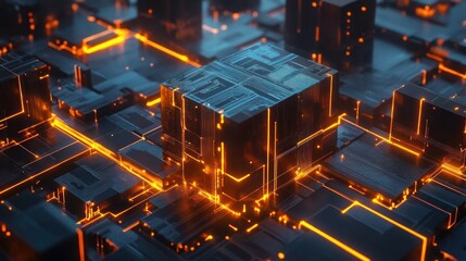 Abstract digital cube structure with glowing circuitry.