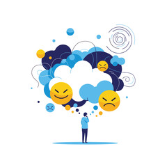 A person contemplates emotional overload with conflicting feelings visualized as abstract shapes and emoticons
