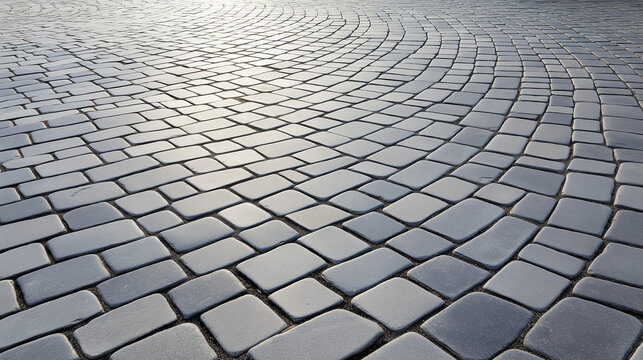 Pavimento e rua com paralelep&iacute;pedos cinzas em padr&atilde;o semicircular