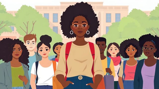 Confident black female student standing surrounded by peers on street near university, learning and friendship concept, cartoon vector style