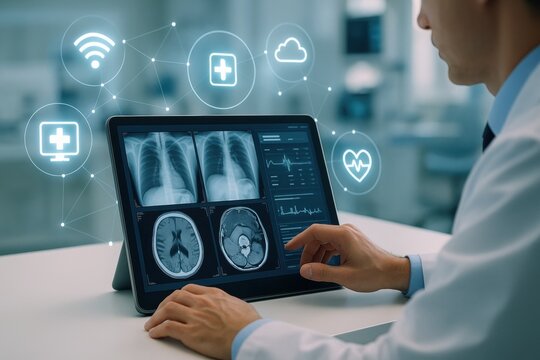 Medical Data Assessment: A doctor examines medical data on a digital tablet, symbolizing the intersection of technology and healthcare