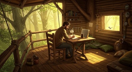 Fototapeta premium Man writes in a secluded forest cabin