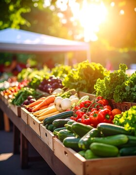 Vibrant, sunlit farmers market produce stand overflowing with colorful, fresh vegetables