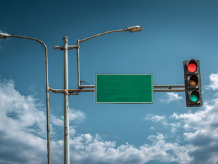 Traffic Lights and Green Sign Against Cloudy Sky.