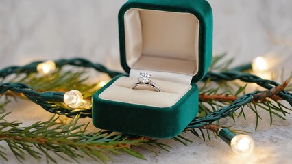 A sparkling diamond engagement ring displayed in a luxurious green velvet box with festive Christmas lights.