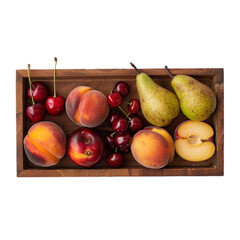 A wooden crate filled with peaches pears and cherries isolated on transparent background