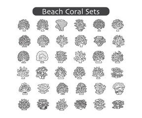 Minimalist Beach Icons: Black & Line Art Coral Reef Set