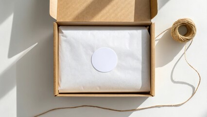 Open cardboard box with white wrapped contents and twine