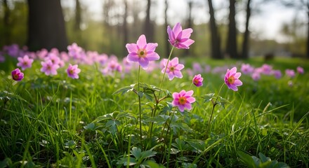 Fototapeta premium Pink wildflowers bloom vibrantly on verdant forest ground, bathed in gentle warmth of morning sun filtering through trees, capturing the serene essence of spring's awakening