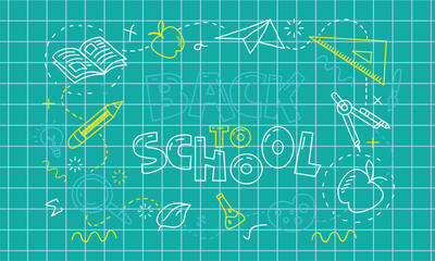 Welcome Back to school horizontal banner, doodle on checkered paper background, vector illustration.
