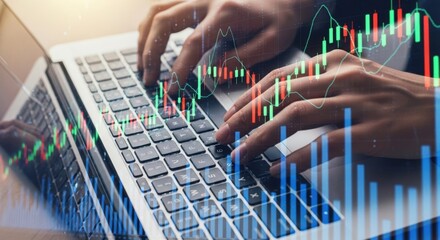 Hands typing on a laptop with a financial stock market graph overlay
