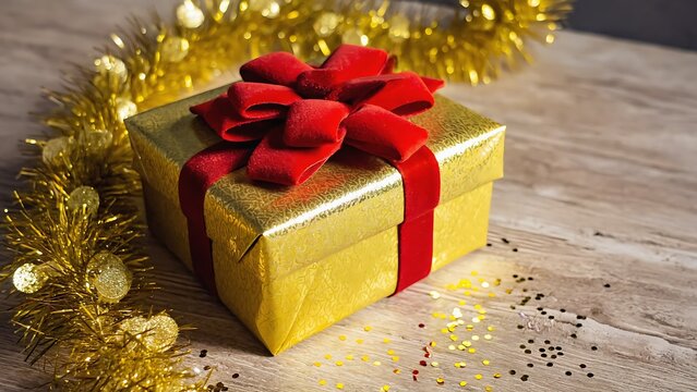 Festive golden gift box with a red velvet bow and golden garland, a symbol of celebration. - Powered by Adobe