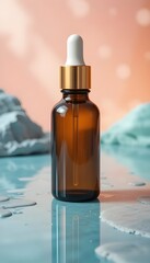 Obraz premium Cosmetic dropper bottle with golden cap on a glossy surface, soft pastel background, cinematic lighting.