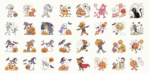 Obraz premium A cartoon Halloween sticker sheet displays playful ghosts, candy, monsters, pumpkins, and mummy characters