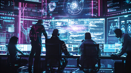 A group of people working in a dark room with multiple screens displaying data and information systems .