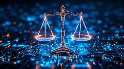 Digital law and justice concept scales of justice on circuit board background design