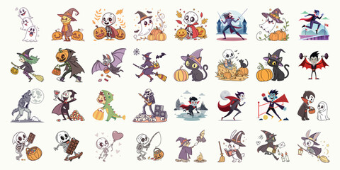 Naklejka premium Cartoon Halloween characters depict diverse spooky entities in various activities against a neutral background