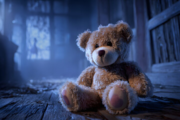 Teddy bear sitting in haunted house,Scary background for book cover