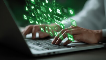 Hands typing on a laptop with green digital icons flying