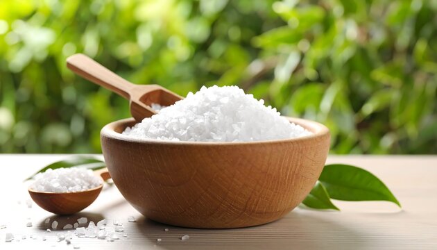 Wooden bowl filled with coarse white salt, accompanied by smaller amounts in wooden spoons, set against a blurred green background - Powered by Adobe