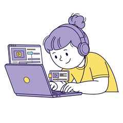 Person with purple hair wearing headphones using a laptop and a smartphone with video player interfaces