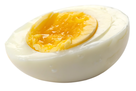 Half of a hard boiled egg with bright yellow yolk isolated on transparent background