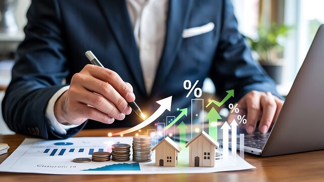 Businessman analyzing financial growth charts with miniature houses and upward trending arrows symbolizing real estate investment success and profitability