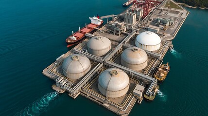 Aerial view of a large industrial floating platform with multiple spherical storage tanks and connected structures in a calm blue ocean