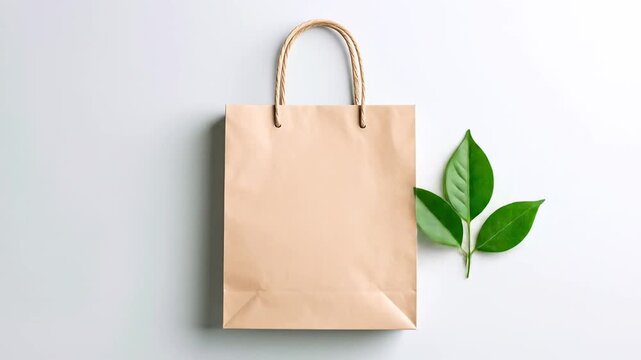 Beige paper shopping bag with green leaves